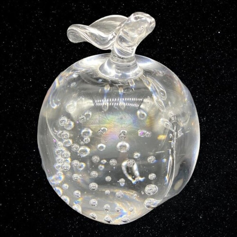 Art Glass Clear Crystal Bubbles Bullicante Peach Fruit Paperweight 4”T 2.5”W
